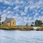 Boedic island, with the chapel, in the Morbihan gulf,  on the coast